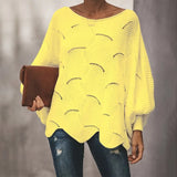 Loose Knitted Sweater Casual Oversized Soft Lantern Sleeve Hollow Out Pullover Fashion O-Neck Solid Female Sweaters