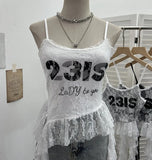 Real Shooting Lace Sling Vest Irregular Ribbon Hot Wear Print Short-Sleeved Top