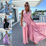 Summer And Autumn New Deep V Jumpsuit INS Sexy Waist Wide Leg Sleeveless Jumpsuit-Outfit
