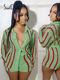 Striped Knitted Lapel Long Sleeve Single Breasted Tops and Shorts Two Piece Sets Womens Outfits Autumn 2023