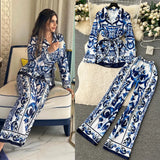 Fashion Positioning Print Strapping Belt Collar Long Sleeve Top Female High-Waist Broad Leg Straight Trousers