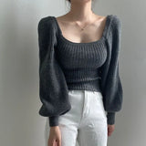 2022 New Autumn Winter Puff Sleeve Women's Sweater Casual Solid Sqaure Collar Knitting Pullovers Knitwear Elegant