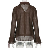 Vintage White Folds Cute Y2K Shirts Women Elegant Fashion Flared Sleeve Button Tops See Through Sexy Mesh Girl