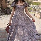 Dress Women Flroal Printed Maxi Dresses Short Puff Sleeve Drawstring Ruched Party High Split Vestidos Long Sexy