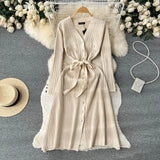 Sexy Sheath Winter Knitted Dress French Style V Neck Tie Single Breasted Long Dress Female A-Line Party Sweater