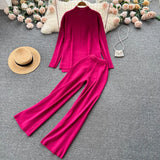Women Casual Knitted Sets Half High Collar Sweater Top+Elastic Wide Leg Long Pants Winter Sweater Two Piece
