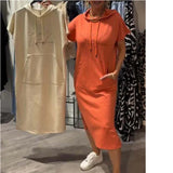 New Casual Solid-Colored Short-Sleeved Pocket Hooded Dress Women's