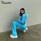 Yiallen Autumn Velvet Tracksuit Women Two Piece Suits Hooded Pocket Hoodie Sweatshirt+Straight Pants Female Matching Outfits