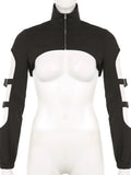 Out Techwear Fashion Cargo Cardigans Cyber Gothic Zip Up Sexy Crop Jackets Y2k Punk Turtleneck Streetwear Tops-Outfit