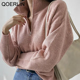 Thick Warm Winter Turtleneck Sweater Women Autumn Loose Knitted Jumper Solid Zipper Pink Sweater Oversized