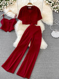 Vintage Women Three Pieces Set Elegant V-Neck Short Blouse + Strap Camis + Wide Leg Pants Suit Green/Red/Yellow Spring Fall