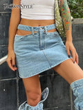 Streetwear Cut Out Mini Skirt For Women High Waist Solid Minimalist Denim Skirts Female Fashion Clothing Style