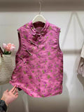Chinese Style Button-Up Blouse Women Summer 2024 New Socialite Rose Red Flowers Loose Horse Clip-Outfit