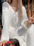 Winter Elegant Knitted Midi Dress Women Pure Color Y2k Clothing Faux Fur Sweater Dress Chic One Piece Dress Korean