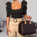 Puff Sleeve Women Blouse Square Neck Korean Style Tops Elegant Sexy White Black Slim Crop Blouse