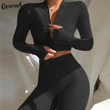 Summer Women Tracksuit Fitness Skinny Casual 2Piece Set Long Sleeve Zipper Crop Tops+Sporty Leggings Matching