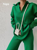 Women's Trousers Suit 2022 Winter Loose Solid Polo Neck Two Piece Set Casual Long Sleeve Knitwear+Wide Leg Pants