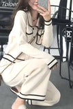 Striped Knitted Two Piece Suit Women Elegant Single Breasted Long Sleeve Top And Knit Wide Leg Pant 2023 New Korean