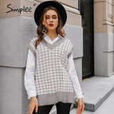 Houndstooth knitted sweater vest women V neck sleeveless oversized pullover vintage Fall winter female waistcoat