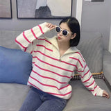 Lapel Color Loose Large-Size Striped Sweater Jacket-Outfit