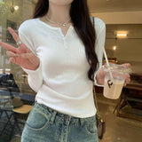 Super-Good-Looking Hollowed-Out Jacquard Three-Button Long-Sleeved T-Shirt Women's Spring And Autumn 2024 New Undershirt Blouse-Outfit