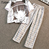 T Shirts+Plaid Pants 2-Piece Sets Women Harajuku Teens Girls Casual Tracksuits 2021 Summer Japanese Students Matching