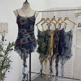 À±bab Net Yarn Print Small Sling Vest Tidly Tidly Ribbon Ribbon Leaves Edge Sleeveless Top