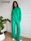 Women Turtleneck Knitted Sweater Set Casual Solid Sweater High Waist Wide Leg Pant Suit 2022 Autumn Fashion Lady Knitwear