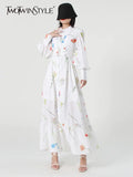 TWOTWINSTYLE Print Colorblock Sashes Dress For Women Stand Collar Long Sleeve High Waist Loose Midi Dresses Female Clothing