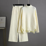 Winter Knitted Two Pieces Suits Turtleneck Loose Knit Top+ Wide Led Long Pants Women Thick Casual Sweater