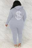 Plus Size Sportwear Zipper Backside Print Long Sleeve Hoodies And Pant 2 Piece