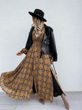 Casual Khaki Plaid Lace-up Neck Split Maxi
