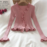 Korean Sweet Summer Cardigans Vintage Office Lady V Neck Flare Long Sleeve Ruffles Sweaters Japanese Knitwear