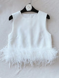 TWOTWINSTYLE Black Tank Tops For Women Round Collar Sleeveless Solid Patchwork Feathers Hem Vests Female Korean Fashion