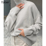 Warm Turtleneck Sweater Women Drop Shoulder Knitted Winter Oversized Pullover Long Sleeve Loose Knitting Tops