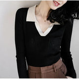 2021 Autumn Winter Women Knit Pullovers Korean Turn-Down Collar Long Sleeve Hit Color Patchwork Sweaters Women
