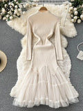 Mesh Spliced Knitted Dress Women Long Sleeve Temperamant Midi Long Dress Winter Solid Party Fashtail Sweater