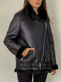 Faux Leather Lapel Women Jacket Coat Loose Long Sleeve Thick Warm Coats Vintage Lambswool Female Locomotive