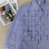 Women Plus Size Shirt Long Sleeve Blue Hollow Out Polo Collar Blouse Loose Fashion Patchwork Female Shirts Chic Top