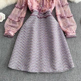 Designer Tweed Mesh Patchwork Mini Dress Ruffled Embroidery Beading High Wasit Office Lady A Line Autumn Dresses