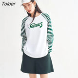 Women Tees 2023 Spring Striped Long Sleeve O Neck Loose Tshirt Letter Print Pure Cotton Comfort Basic All Match