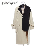 Patchwork Hit Color Women's Windbreakers Lapel Collar Long Sleeve High Waist Irregular Trench Coats For Female