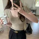 Version Of White U-Collar Slim Short-Sleeved T-Shirt Women's New Summer High-Waisted Slim And Thin Underwear-Outfit