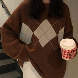 Oversized Sweater Dress Argyle Women Long Sleeve Pullover Round Neck Knitted Sweater Casual Knit Mini Sexy Party