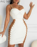 Eyelet Chain Hollow Corset Sleeeveless Bodycon Dress Women Sexy Spaghetti Strap Backlesss Mini