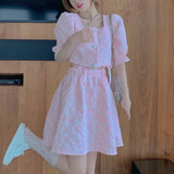 Summer Two-piece Sets Elegant Sweet Jacquard Square Collar Puff Sleeve Button Chic Top + A-line Mini Skirt