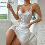Women Mesh Patchwork Three Diemnsional Floral Decoration Spaghetti Straps Lace Hem Sexy Night & Sleeping Dress-Outfit