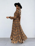 Casual Khaki Plaid Lace-up Neck Split Maxi
