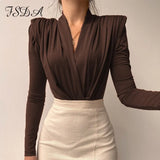 V Neck Long Sleeve T Shirt Women Brown Elegant Autumn Winter Sexy Top Shirts Casual Black 2021 Party With Shoulder
