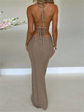 Women Sexy Knitted Cut Out Spaghetti Strap Long Dress Halter Backless Dress Club Party Y2K Female Vestidos Streetwear-Outfit